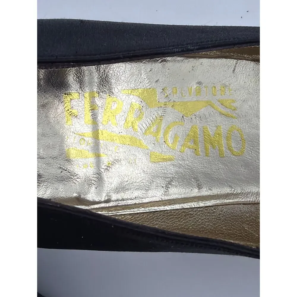 Salvatore Ferragamo 7.5 N 7.2 AA Black Satin Jewel Buckle Kitten Heels VTG READ